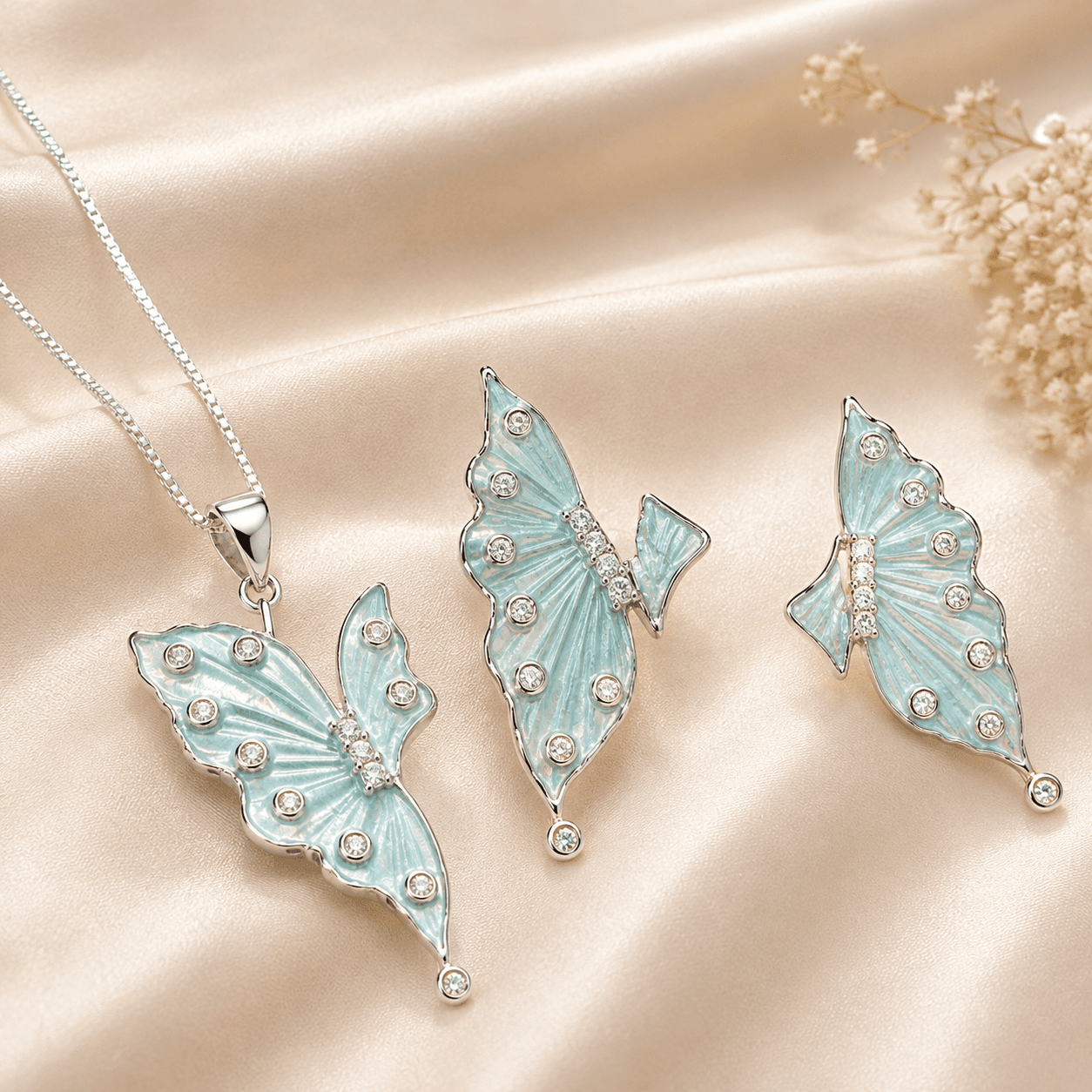 Noor-e-Chandi 925 Pure Silver Women’s Jewelry Set – Pastel Blue Enamel & CZ Butterfly Wing Pendant with Stud Earrings