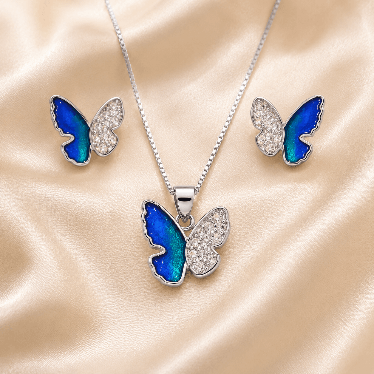 Noor-e-Chandi 925 Pure Silver Women’s Jewelry Set – Blue Gradient Enamel & CZ Butterfly Pendant with Stud Earrings
