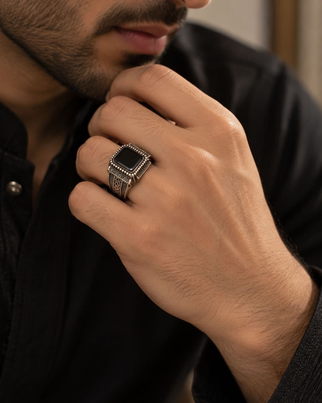 Men's Turkish Black Onyx Signet Ring in 925 Sterling Silver | Noor-e-Chandi