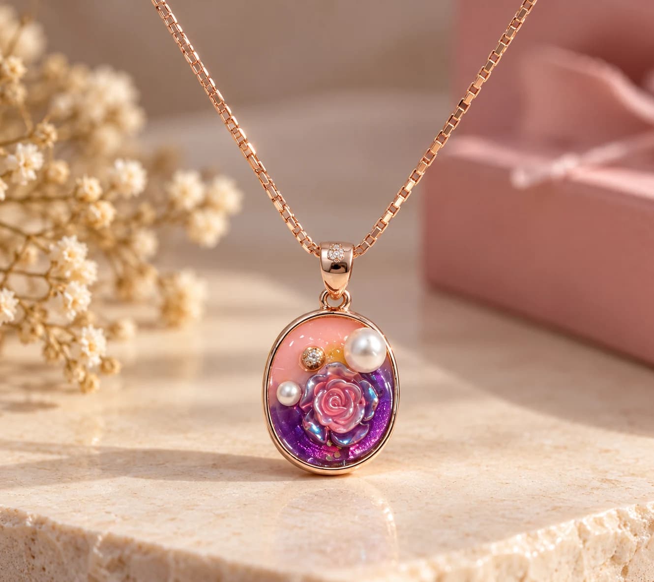 Rose Gold Rainbow Bloom Pearl Pendant Necklace
