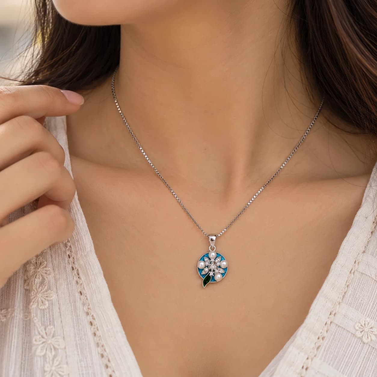 Aqua Bloom Pearl & CZ Pendant Necklace