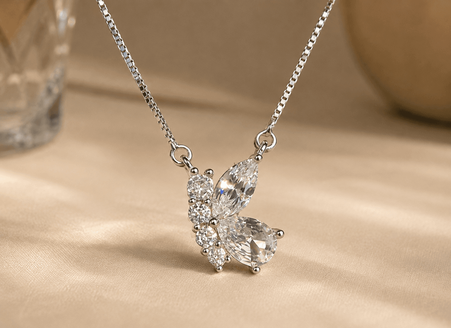 Noor-e-Chandi 925 Pure Silver Women’s Butterfly Pendant – Marquise CZ Crystal Charm & Box Chain
