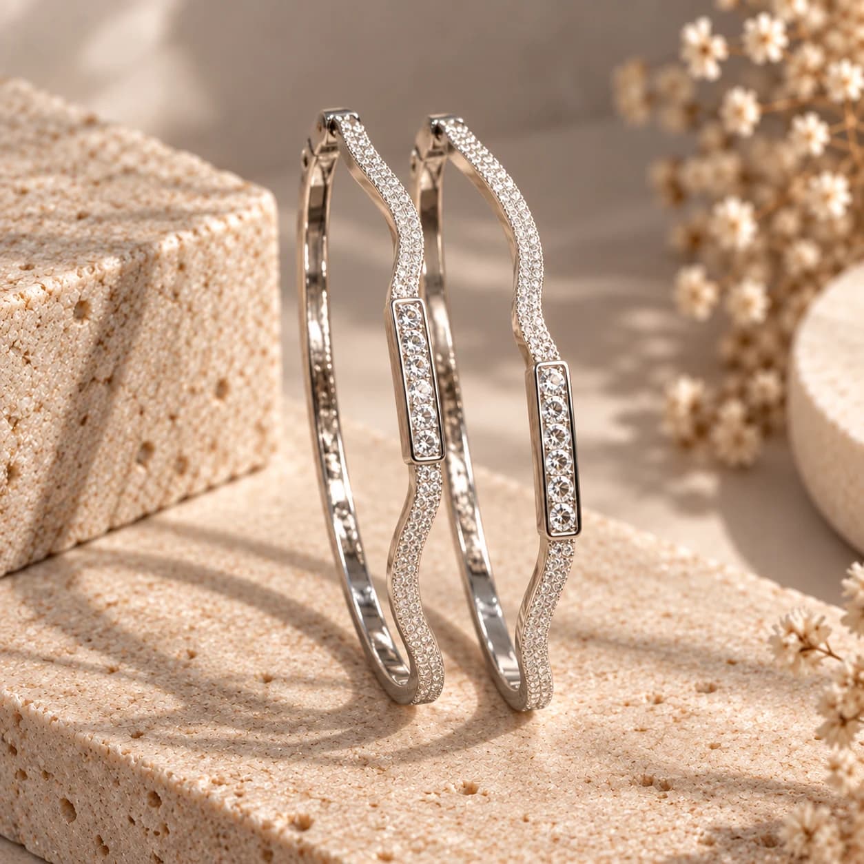 Silver Frosted Wave Zircon Bangles Set of 2 in 925 Sterling Silver | Noor-e-Chandi