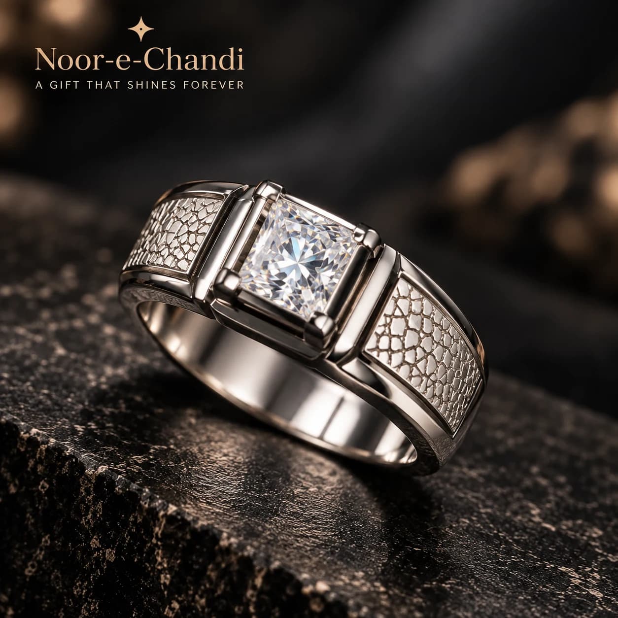 Noor-e-Chandi Bold CZ Textured Men’s Ring