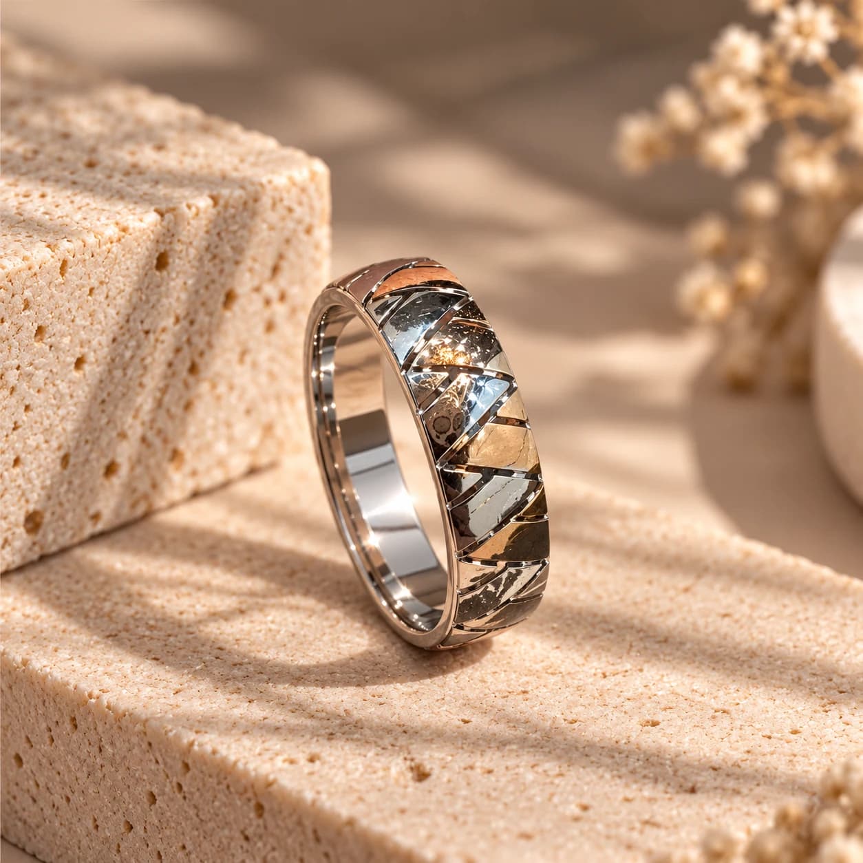 Men's Geometric Cross-Hatch Band Ring in 925 Sterling Silver | Noor-e-Chandi
