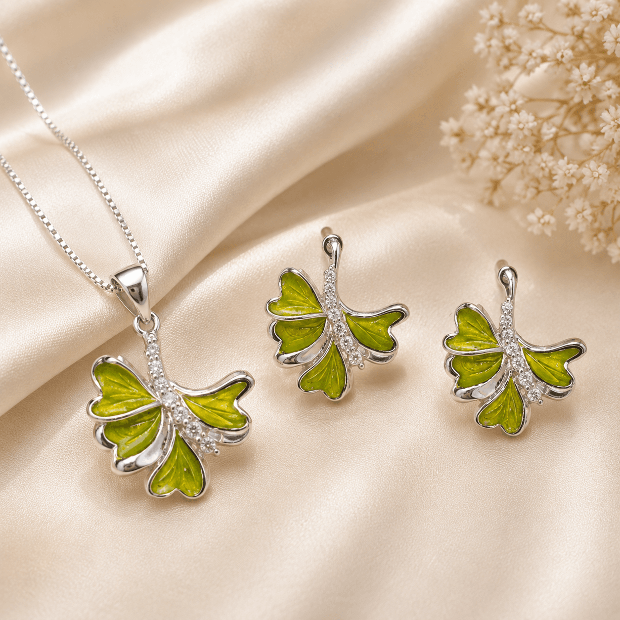 Noor-e-Chandi 925 Pure Silver Women’s Jewelry Set – Lime Green Enamel Leaf Pendant & Push-Lock Stud Earrings