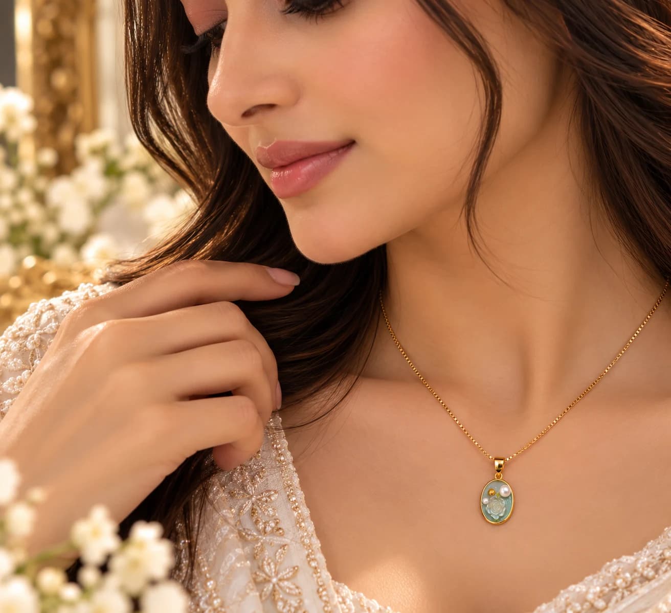 Aqua Bloom Pearl Pendant Necklace