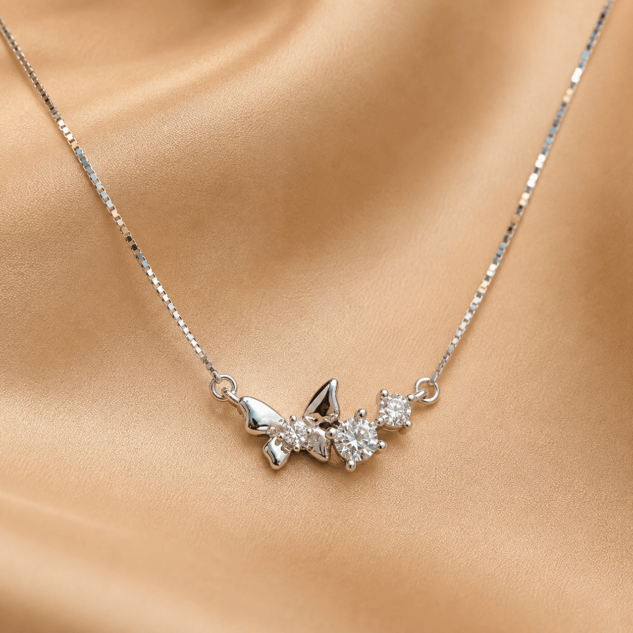 Title: Noor-e-Chandi 925 Pure Silver Women’s Butterfly Pendant – 5A CZ Studded Curved Charm & Box Chain Slug: