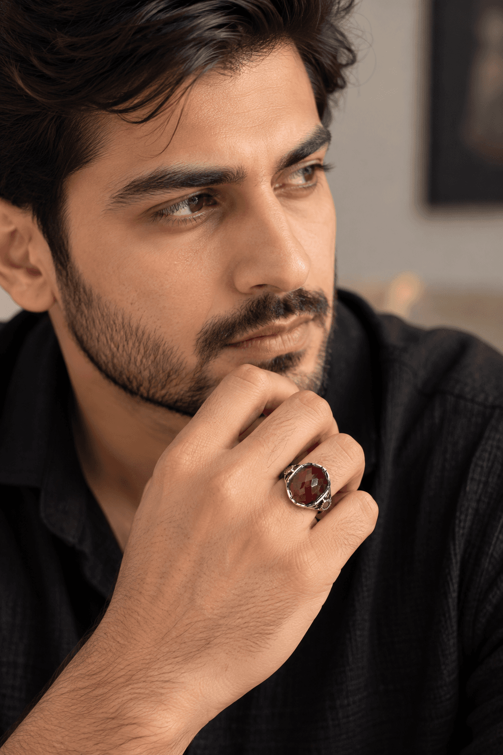 Men's Crimson Ruby Zircon Ottoman Ring in 925 Sterling Silver | Noor-e-Chandi