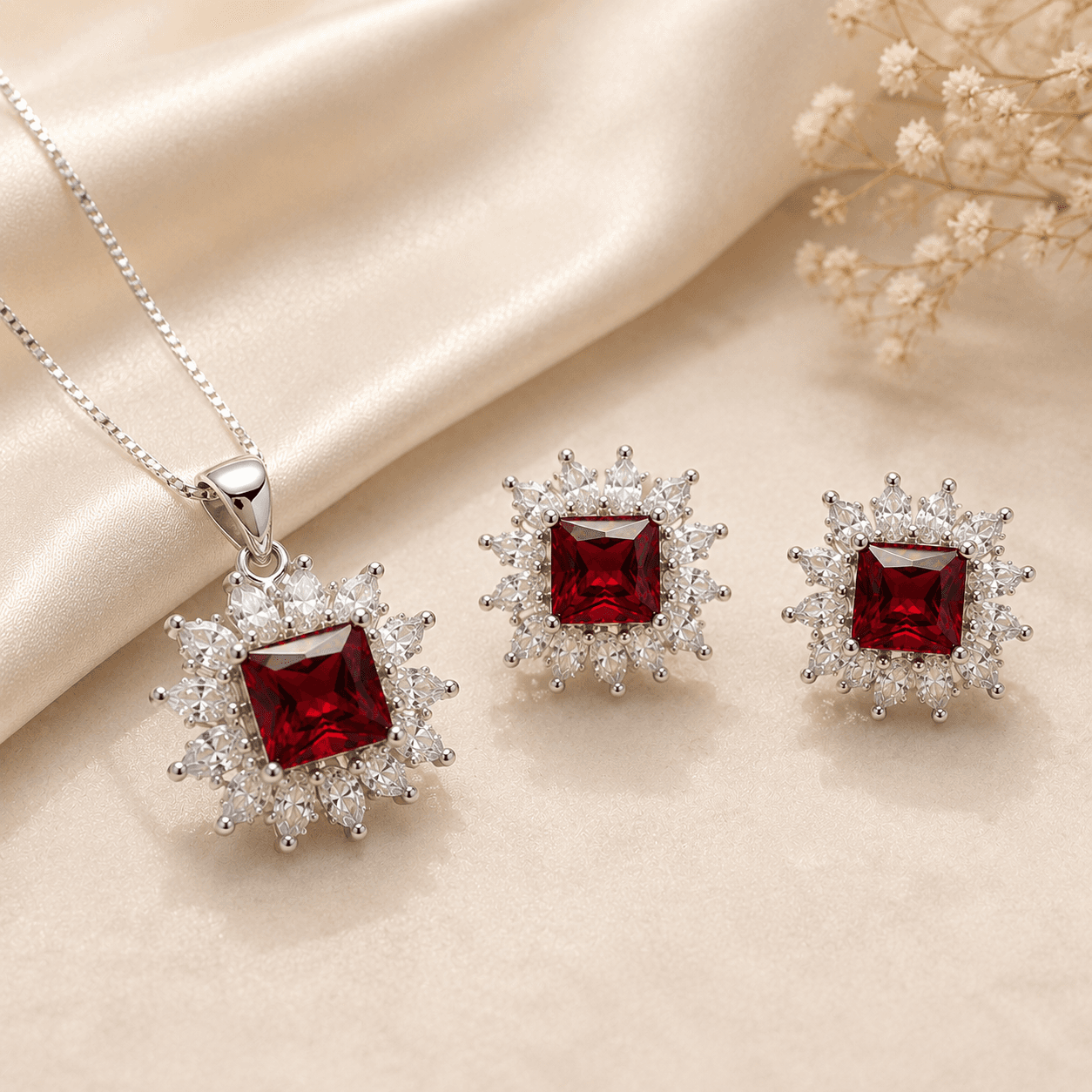 Noor-e-Chandi 925 Pure Silver Women’s Jewelry Set – Princess Cut Ruby Red CZ Pendant & Stud Earrings