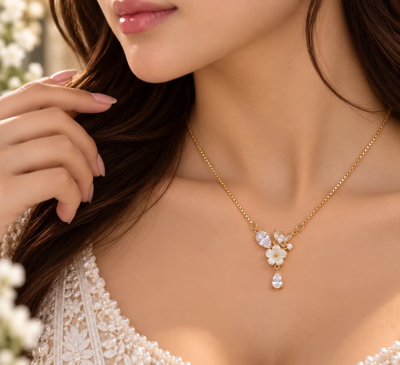 Floral CZ Drop Pendant Necklace