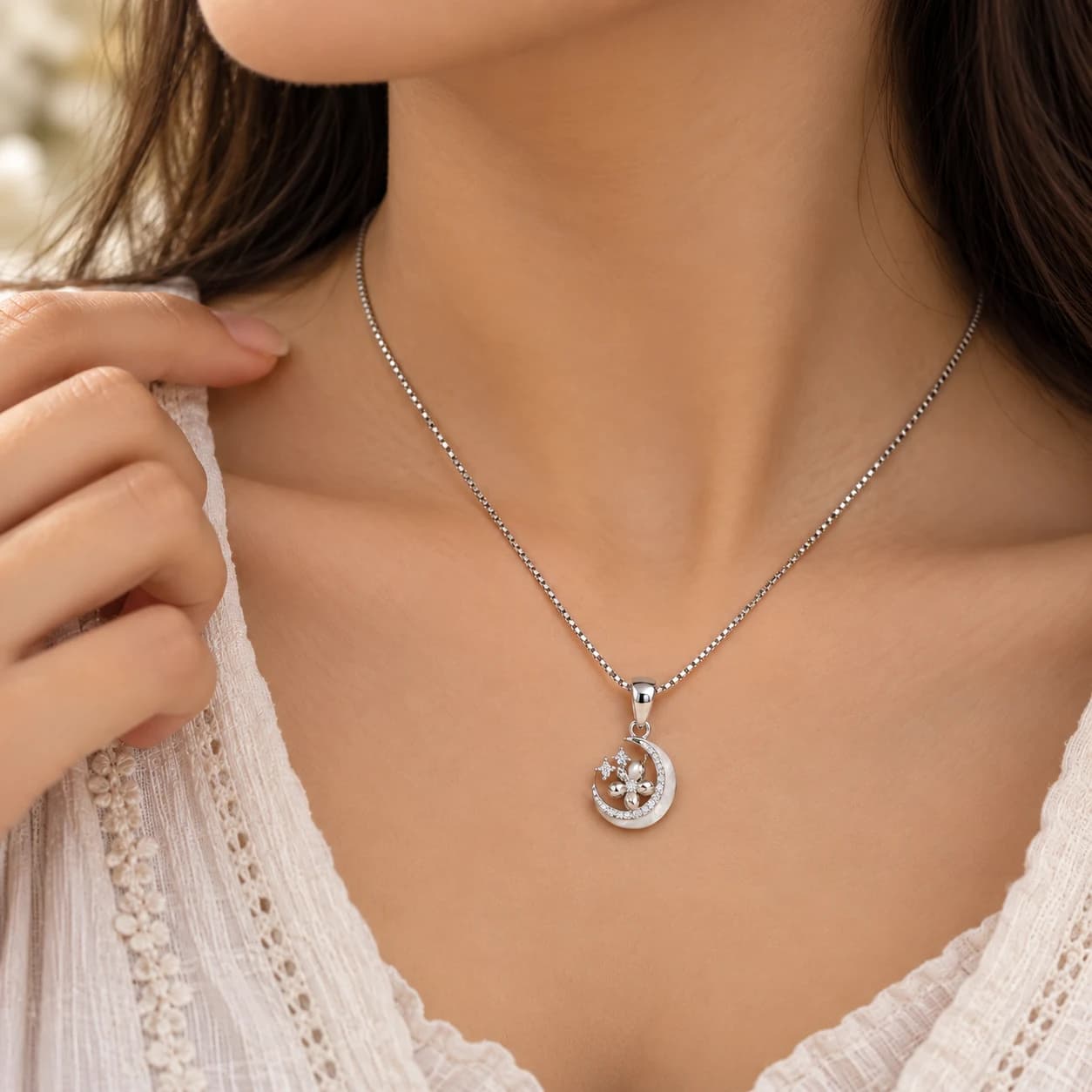 Celestial Moon & Star CZ Pendant Necklace